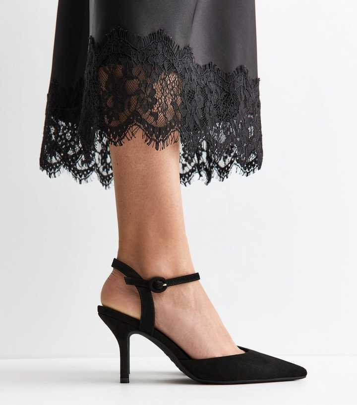 Black Faux Suede Pointed Ankle Strap Court Shoes