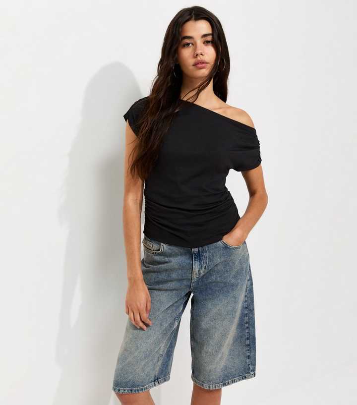 Black Cotton Jersey Off the Shoulder Ruched Top