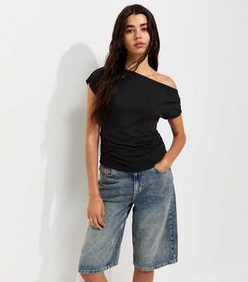 Black Cotton Jersey Off the Shoulder Ruched Top