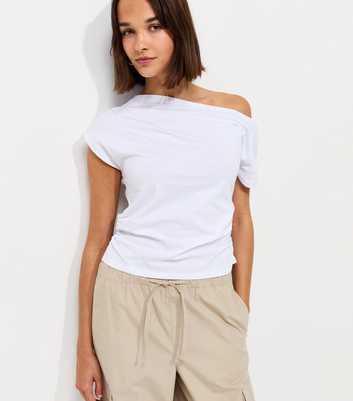White Cotton Jersey Off the Shoulder Ruched Top