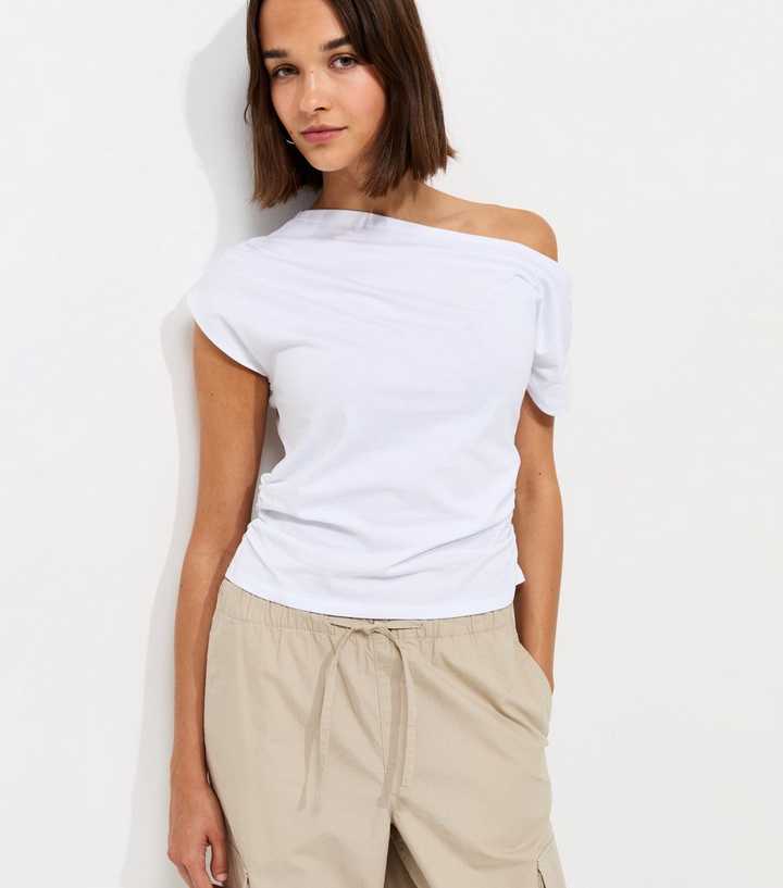 White Cotton Jersey Off the Shoulder Ruched Top