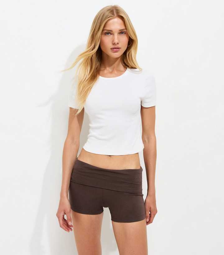 Dark Brown Cotton Rich Fold Over Hot Pant Shorts