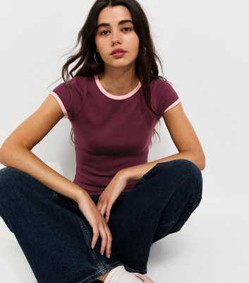 Dark Burgundy Cotton Rich Contrast Trim Ringer T-Shirt