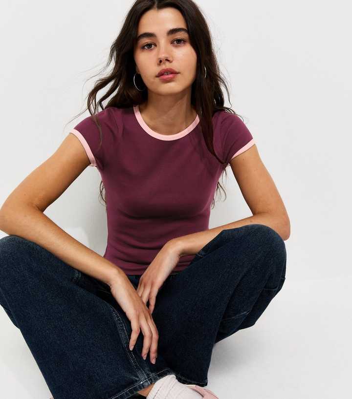 Dark Burgundy Cotton Rich Contrast Trim Ringer T-Shirt