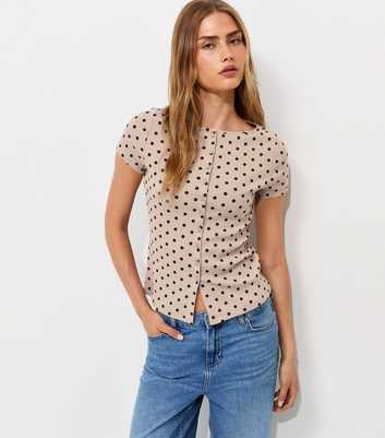 Cream Ribbed Cotton Rich Polka Dot Button Through T-Shirt