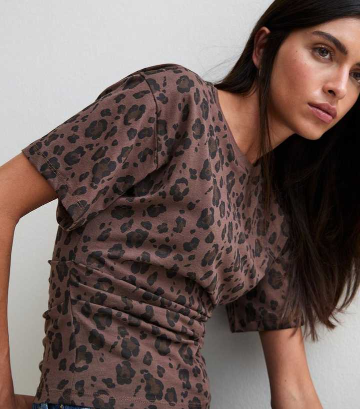 Brown Cotton Leopard Print Corset Waist T-Shirt