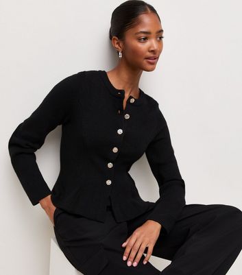Black Ribbed Knit Textured Button Peplum Cardigan | New Look