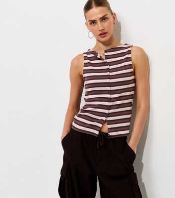 Brown Cotton Rich Striped Button Through Tank Top