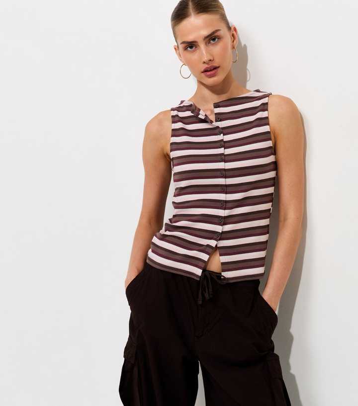 Brown Cotton Rich Striped Button Through Tank Top