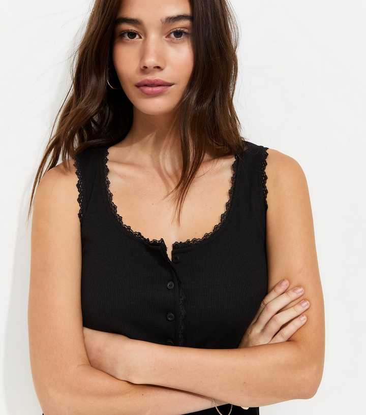 Black Cotton Rich Lace Trim Button Through Vest