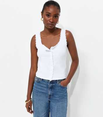 White Cotton Rich Lace Trim Button Through Vest