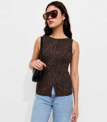 Brown Cotton Rich Leopard Print Button Front Ribbed Tank Top