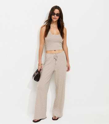Brown Cotton Rich Striped Wide Leg Drawstring Trousers