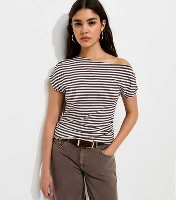 Brown Cotton Striped Off the Shoulder T-Shirt