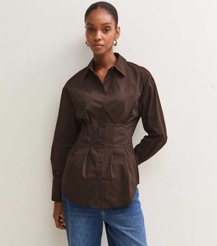 Dark Brown Cotton Rich Corset Fitted Shirt
