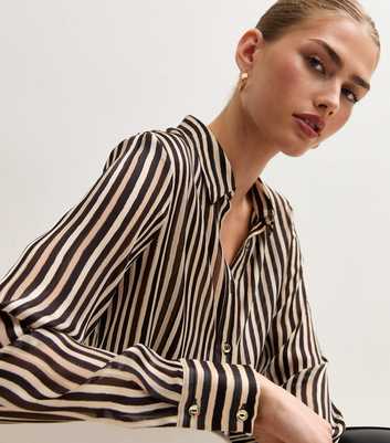 Brown Striped Satin Oversized Shirt