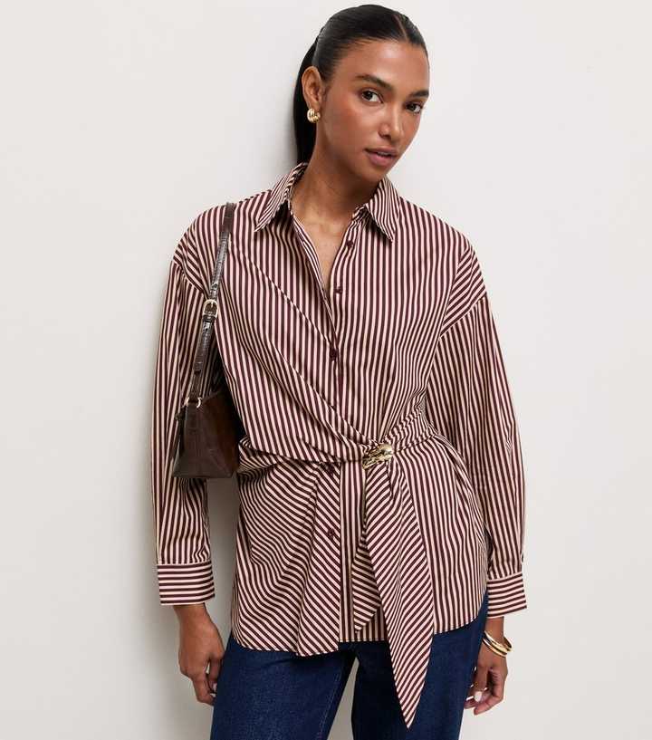 Brown Cotton Striped Tie Waist Shirt