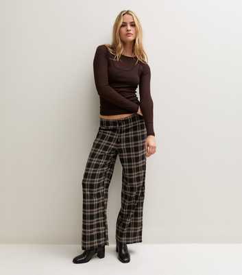 Brown Check Drawstring Wide Leg Trousers