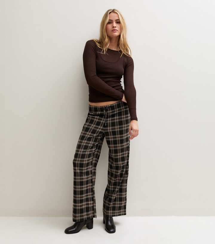 Brown Check Drawstring Wide Leg Trousers