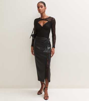 Black Faux Leather Front Twist Lace Split Midi Pencil Skirt