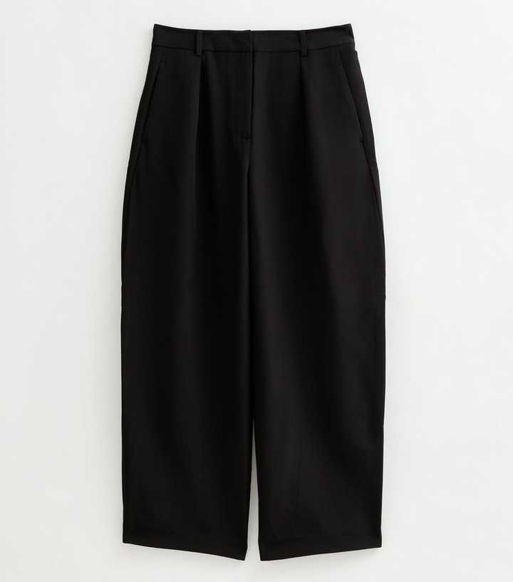 Black Pleated Wide Leg Barrel Trousers