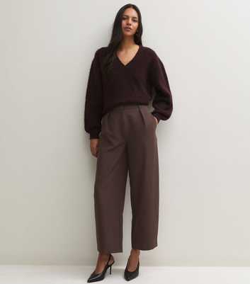 Dark Brown Pleated Wide Leg Barrel Trousers