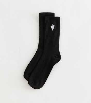 Black Cotton Rich Halloween Ghost Embroidered Ribbed Tube Socks