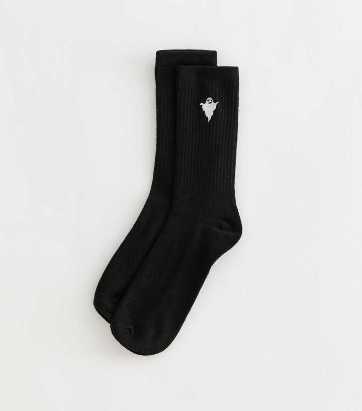 Black Cotton Rich Halloween Ghost Embroidered Ribbed Tube Socks