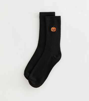 Black Cotton Rich Halloween Pumpkin Embroidered Ribbed Tube Socks
