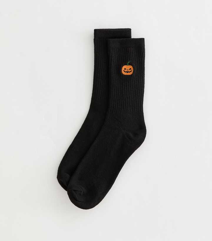 Black Cotton Rich Halloween Pumpkin Embroidered Ribbed Tube Socks