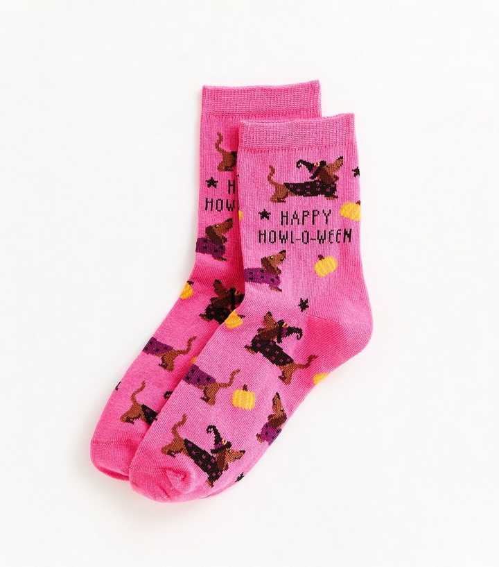 Bright Pink Happy Howl-O-Ween Dachshund Ankle Socks