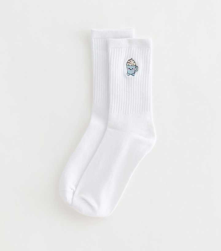 White Cotton Rich Hot Chocolate Embroidered Ribbed Tube Socks