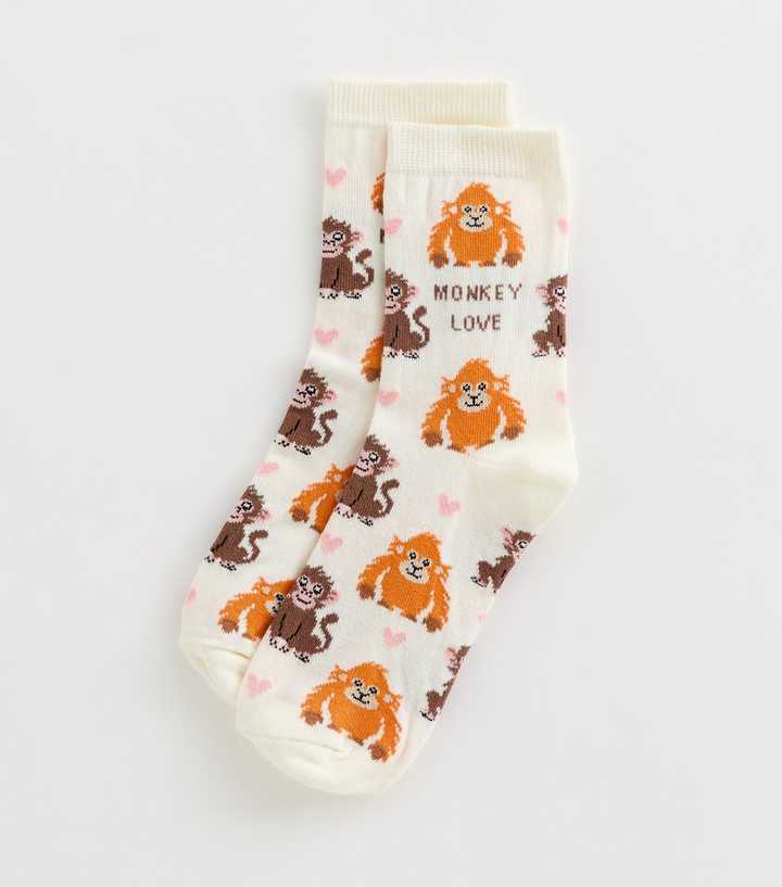 Cream Cotton Rich Monkey Love Ankle Socks