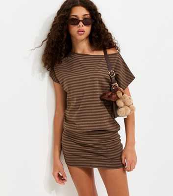 Girls Brown Cotton Rich Striped Off Shoulder Mini Dress