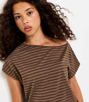 Girls Brown Cotton Rich Striped Off Shoulder Mini Dress