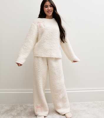 Girls White Borg Bow Top and Trousers Pyjama Set