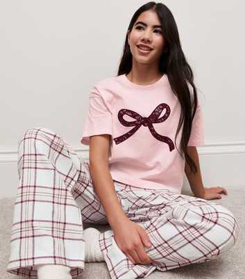 Girls Pink Cotton Rich Bow and Check Print Short Sleeve Top and Trousers Pyjama Set