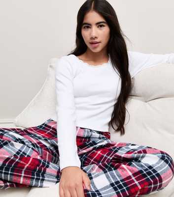 Girls Red Cotton Rich Check Long Sleeve Top and Trousers Pyjama Set
