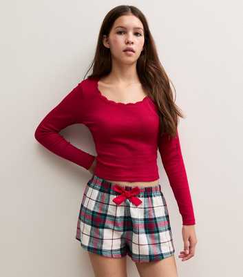 Girls Bright Red Cotton Rich Long Sleeve Checked Shorts Pyjama Set