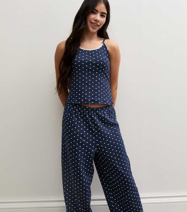 Girls Navy Spot Pointelle Cami Top and Trousers Pyjama Set