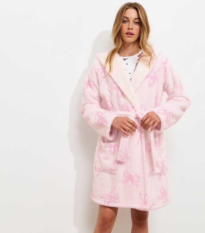 Girls Pink Bow Pattern Hooded Dressing Gown