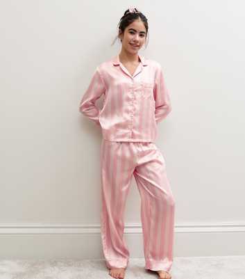 Girls Light Pink Satin Striped Shirt Trousers and Scrunchie Pyjama Set