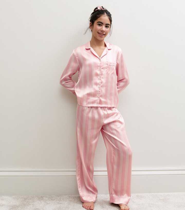 Girls Light Pink Satin Striped Shirt Trousers and Scrunchie Pyjama Set