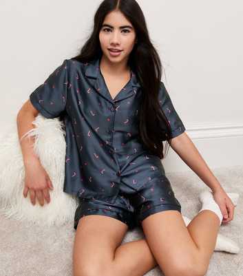 Girls Navy Satin Candy Cane Pyjama Shorts Set