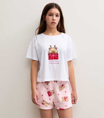 Girls White Capybara Christmas T-Shirt and Shorts Pyjama Set