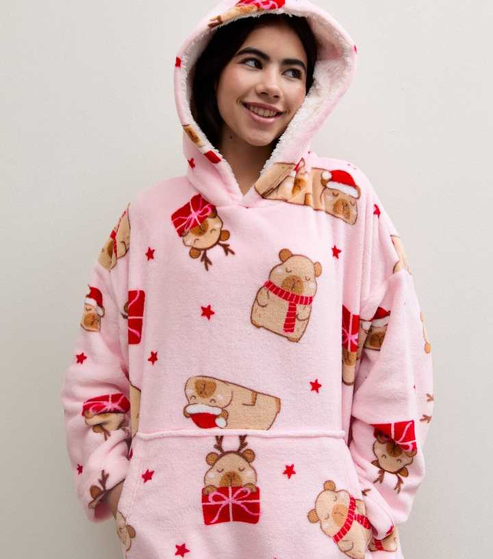 Girls Pink Fleece Christmas Capybara Oversized Hoodie