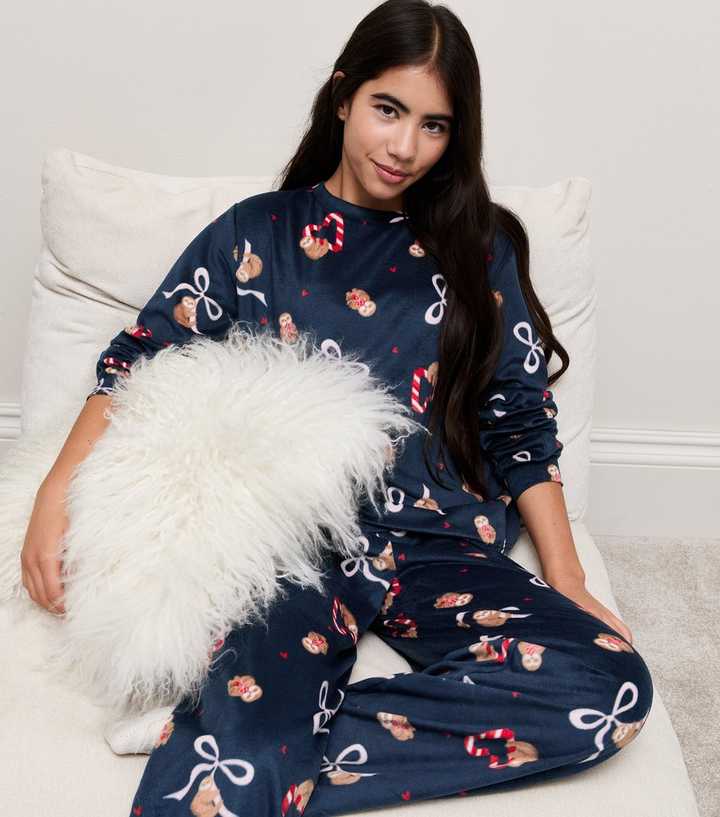 Girls Navy Sloth Print Long Sleeve Top and Trousers Pyjama Set