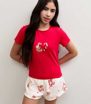 Girls Bright Red Christmas Sloth T-Shirt and Shorts Pyjama Set