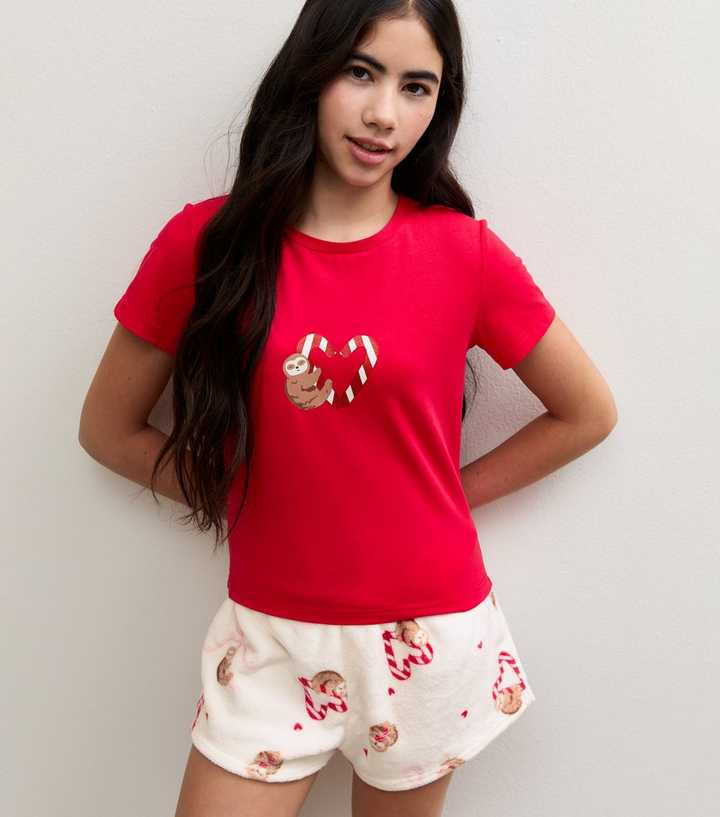 Girls Bright Red Christmas Sloth T-Shirt and Shorts Pyjama Set