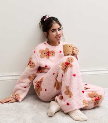 Girls Pink Gingerbread Man Top and Trousers Pyjama Set